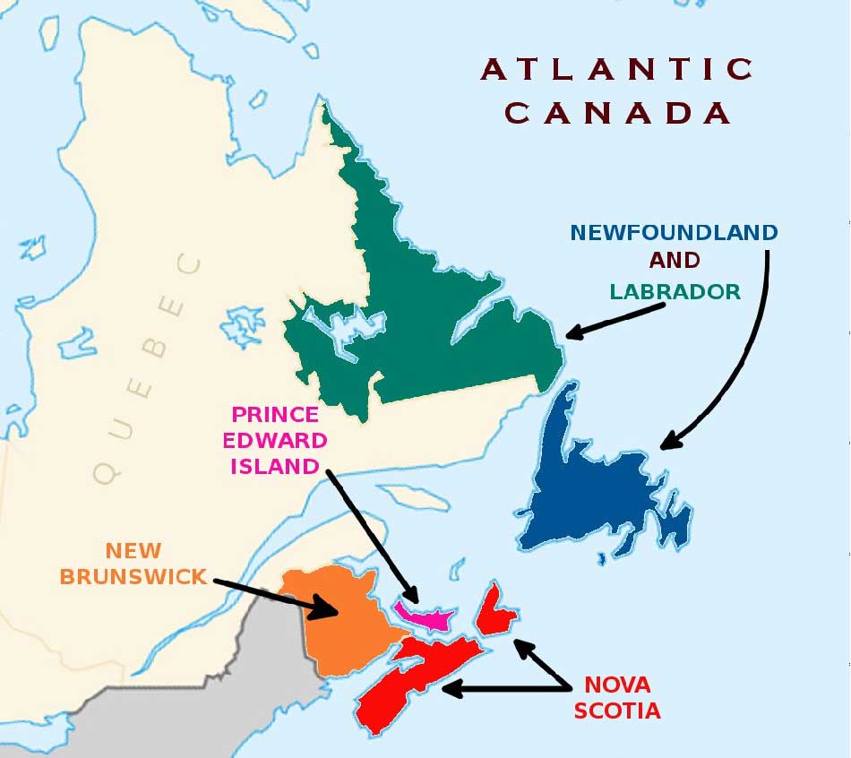 Image of Canada's East Coat including Nova Scotia, Prince Edward Island, New Bruswick and Newfoundland/Labrador